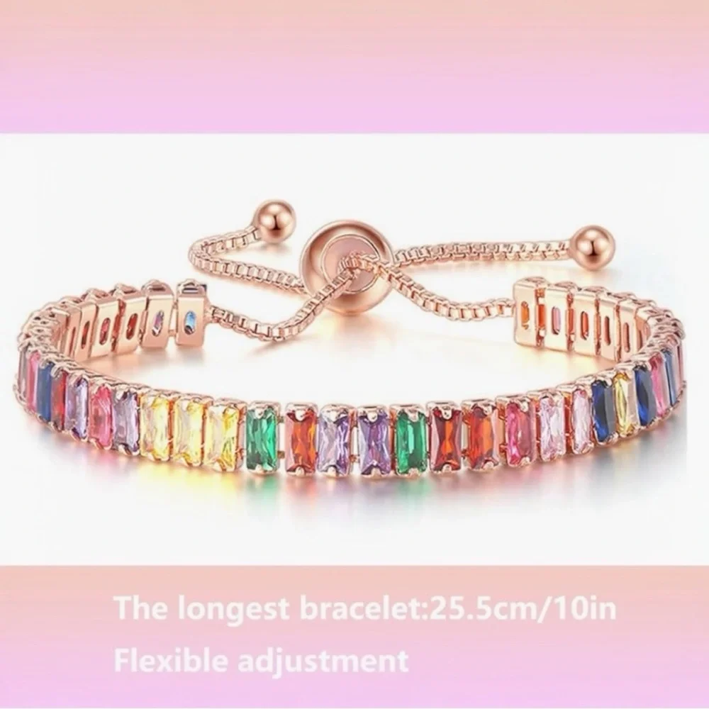 Multicolor Adjustable Tennis Bracelet. Gold w/adjustable slider-up to 10”! - Picture 4 of 14